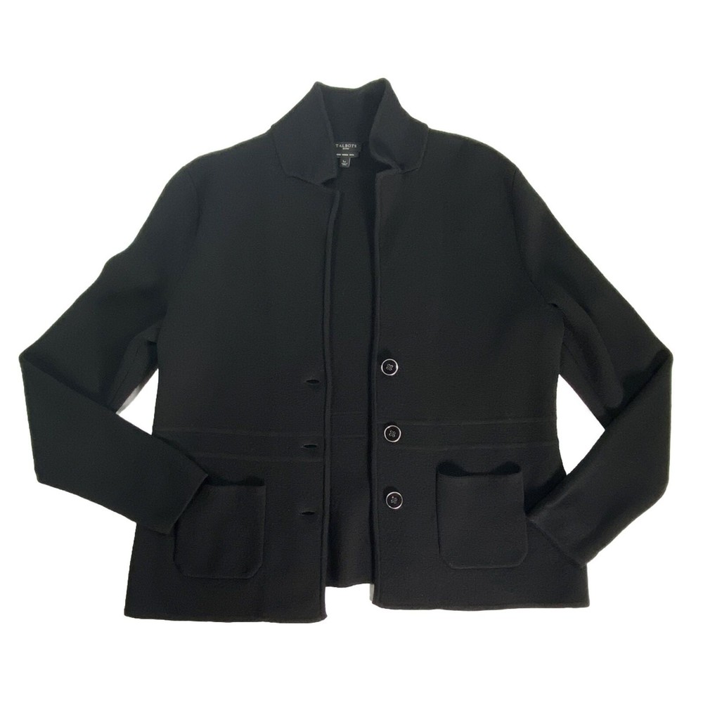 Talbots Pure Merino Wool Women’s Black Notch Lapel Blazer Jacket Size L Petite